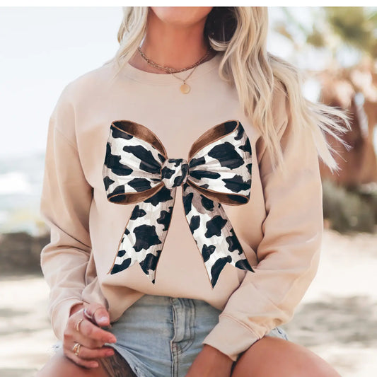 COW PRINT BOW CREWNECK TEE/SWEATSHIRT