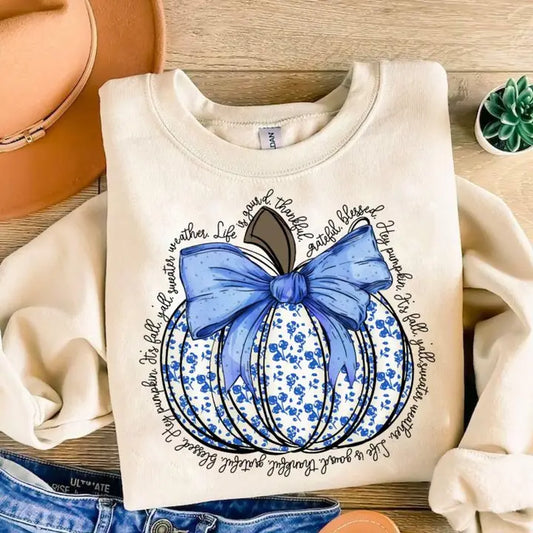 BLUE FLORAL PUMPKIN CREWNECK TEE/SWEATSHIRT