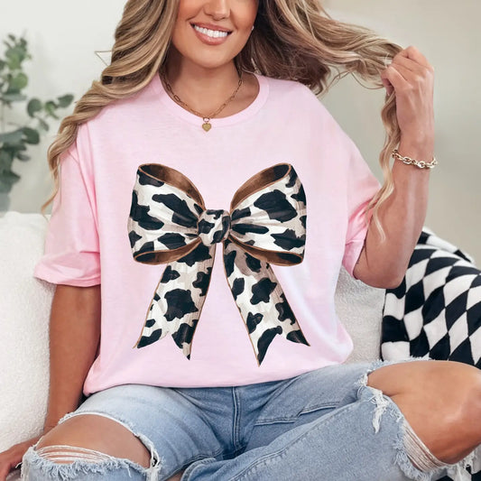 COW PRINT BOW CREWNECK TEE/SWEATSHIRT
